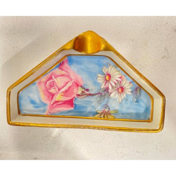 Vtg Limoges Made in France Small Ashtray/Trinket Rose Hand Painted Golden Detail - Picture 3 of 7